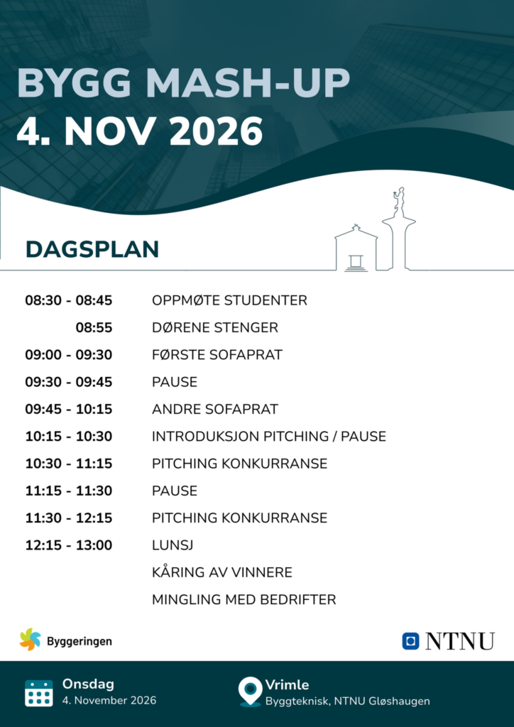 Dagsplan for Bygg Mash-Up 4. november 2026: oppmøte 08:30, sofaprat, pitchekonkurranse, lunsj og kåring av vinnere i Vrimla, Byggteknisk, NTNU Gløshaugen